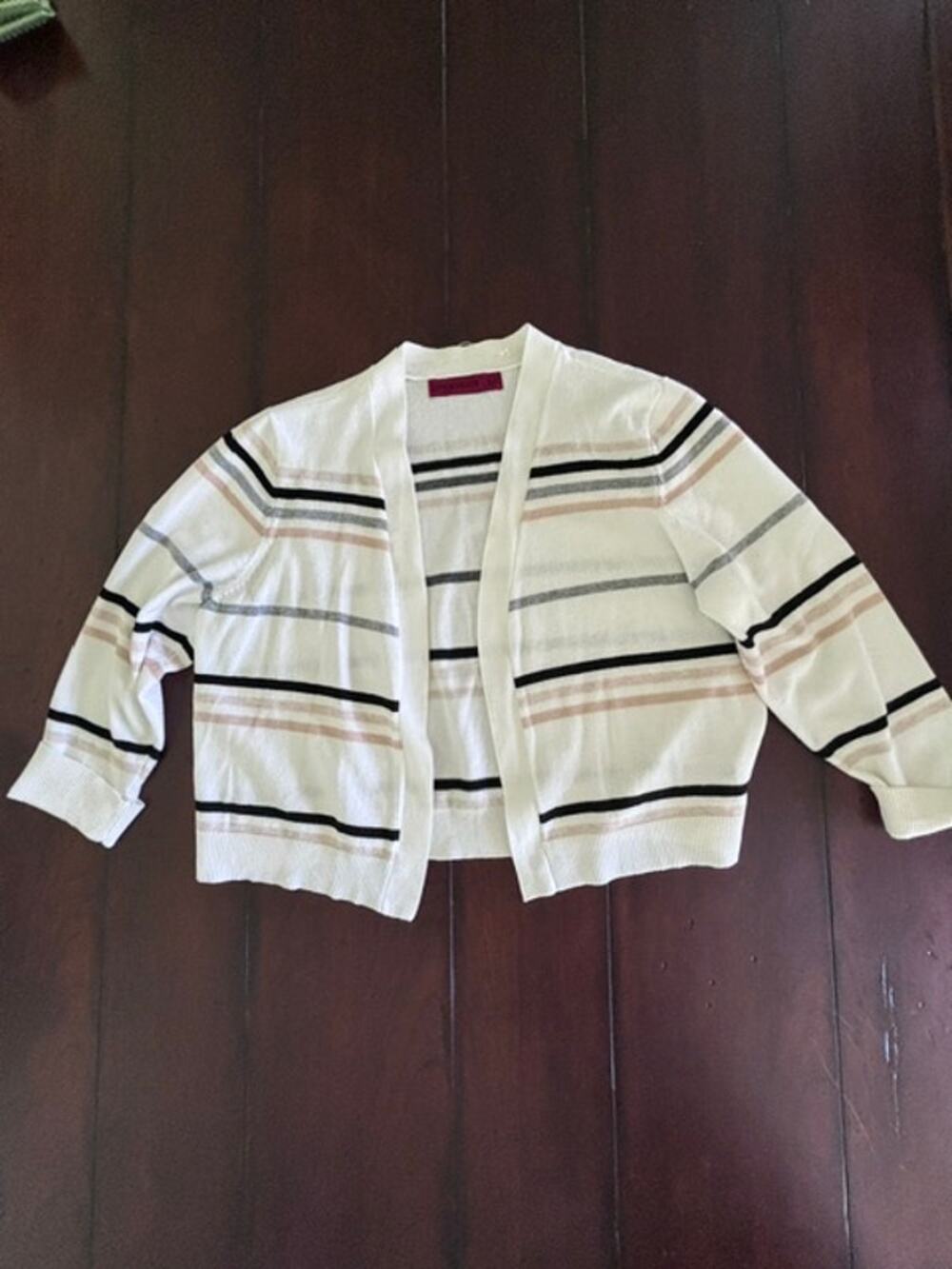 Love Scarlett Striped Open Front Cardigan Women's M Ivory Black Beige Pockets